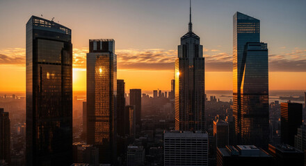 Dramatic City Skyline at Sunrise with Sun Glare on Skyscrapers
A breathtaking panoramic view of a modern city skyline dominated by a cluster of imposing skyscrapers during a vibrant sunrise
