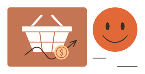Shopping basket with rising arrow and coin signifying sales growth, alongside a happy highlighting positive customer feedback. Ideal for commerce, growth, marketing, e-commerce, finance, success