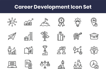 Modern line career development icon set with growth, goal, skill, success, leadership, training, motivation, and achievement symbols with transparent Background.