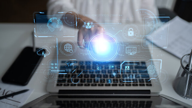 A futuristic command center interface for managing a global technology platform. The dashboard includes data security, network administration, and biometric user authentication. Fermion