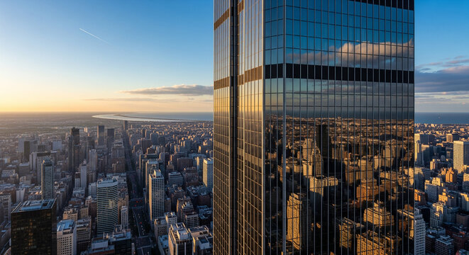 Aerial Cityscape View at Golden Sunset Reflected in Skyscraper Glass
A breathtaking aerial perspective capturing a sprawling metropolitan grid at sunset