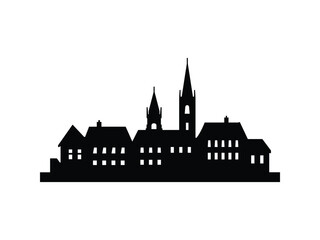 Obraz premium Town skyline silhouette. European houses with a church tower. Simple black vector for logo, print, and web use.