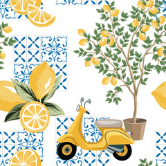 Naklejka na ściany i meble Lemon tree, scooter, lemon fruit, blue Italian tile seamless pattern. Summer print. 