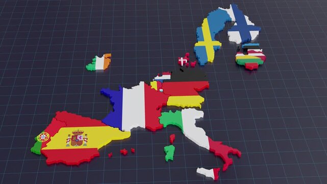 3D animation of European Union map &mdash; countries with national flags fall into place and turn blue under EU stars, symbolizing unity and European integration