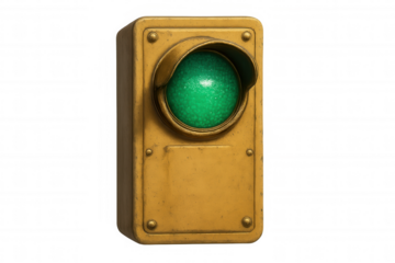 Vintage traffic light displaying green signal for go concept, safety, and permission, with grunge texture