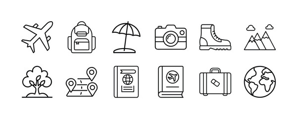 Vector art of collection of travel and vacation icons, including an airplane, backpack, umbrella, camera, boot, mountains, tree, map, passport, suitcase, and globe