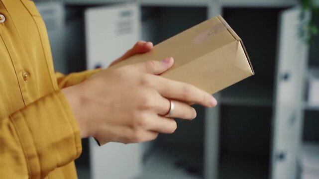 Hands hold a brown rectangular box near lockers; a yellow shirt is partially visible
