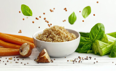 Fresh ingredients come together for a healthy quinoa dish with vegetables set on a clean kitchen surface in natural light with vibrant colors showcasing a nourishing meal prep