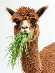 Close-up of a brown alpaca munching on fresh green grass in a studio setting, showcasing its fluffy coat and expressive eyes, providing a charming and friendly presence