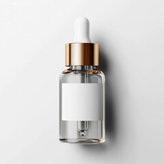 Clear glass dropper bottle with golden cap displayed on a white surface, showcasing an empty label perfect for custom skincare products