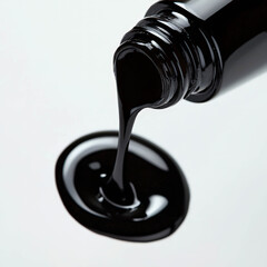 Bright black liquid pouring out of a nail polish bottle, creating a glossy puddle on a seamless white surface.