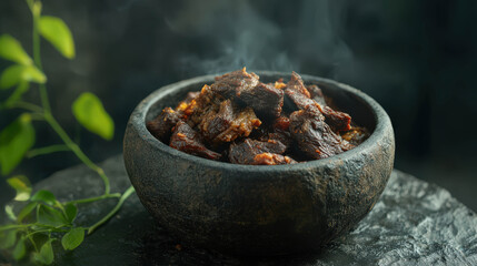 Deliciously prepared slow-cooked beef stew served in a rustic black bowl, surrounded by fresh herbs, emanating rich steam in a cozy kitchen setting during the evening