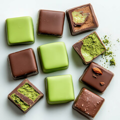 Delicious chocolate squares filled with matcha, pistachio, and dark chocolate, arranged artfully on a clean background