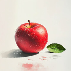 Freshly washed red apple with droplets sitting on a flat surface illuminated by soft light, showcasing its vibrant color and natural beauty, capturing the essence of freshness and health