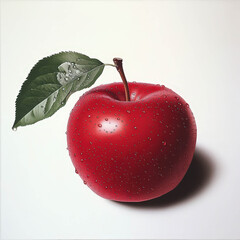 Bright red apple with droplets of water resting on a clean surface, showcasing its glossy texture and vibrant color amid a fresh green leaf