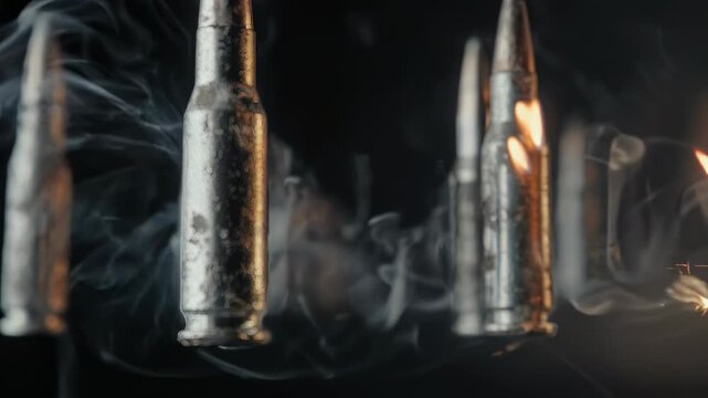 A macro shot of bullets shrouded in smoke with a dark background, capturing a sense of suspense