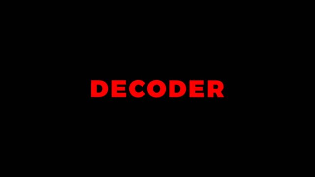 Bold looping animation showing the word "Decoder" in bright red letters on a dark black background, ideal for technology, data, and digital motion design projects.
