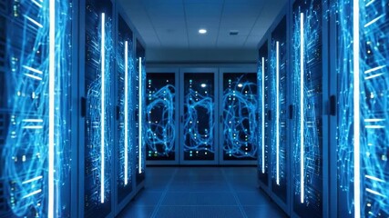 futuristic data center hallway with endless rows of glowing blue server racks Intricate luminous fiber optic cables weave behind bright vertical light bars dynamic network visualization - Powered by Adobe