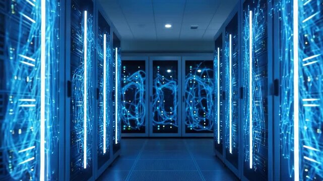 futuristic data center hallway with endless rows of glowing blue server racks Intricate luminous fiber optic cables weave behind bright vertical light bars dynamic network visualization - Powered by Adobe