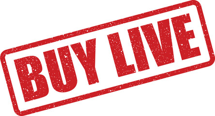 Distressed red rectangular rubber stamp with BUY LIVE text creating an urgent message for online promotions