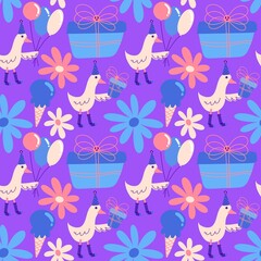 Birthday party seamless duck pattern for wrapping paper and fabrics and linens and kids clothes print 