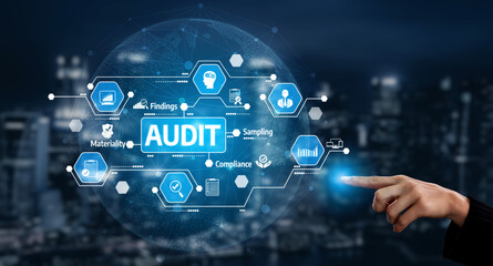 Fototapeta premium Explore the concept of audit through a digital interface highlighting key aspects like compliance, findings, and sampling for effective business strategies. Tessel