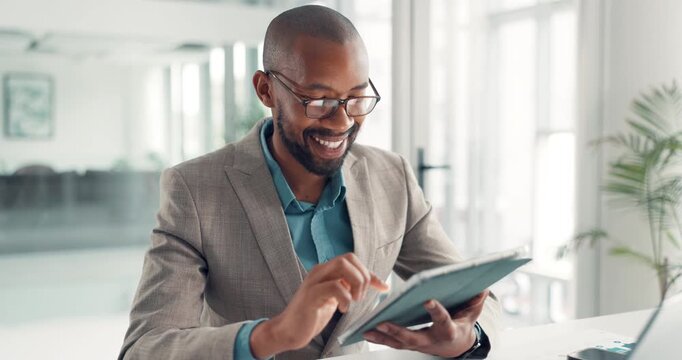 Black man, tablet and happy in office with typing, good news and revenue results at investment company. African person, broker and smile with tech, application and notification at finance agency - Powered by Adobe