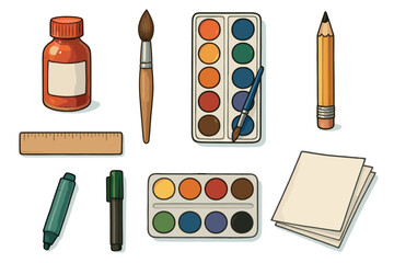 Art and school supplies icon set. Realistic color illustrations of drawing and painting tools