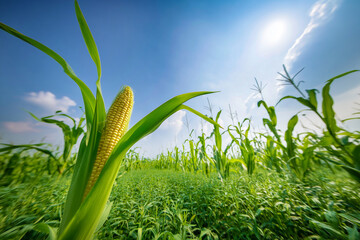 Golden ear of corn on stalk in vibrant cornfield under blue sky with clouds and sunlight in agricultural landscape