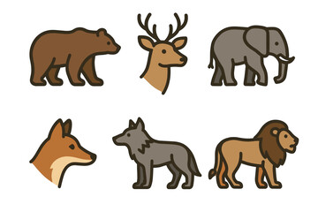 Wild animals and forest creatures icon set. Colorful symbols of wildlife