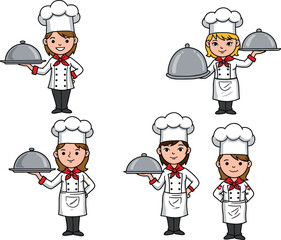Cartoon chef characters, white uniform, red neckerchief, serving tray poses, friendly expressions, vector illustration for culinary, restaurant, stock image