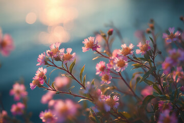 Blooming meadow asters with pink and purple petals and yellow centers in warm golden sunlight near water background