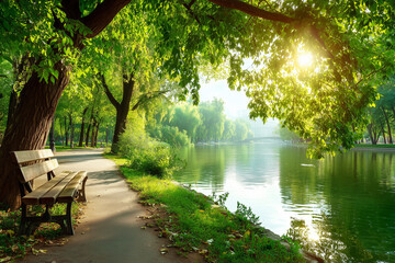 Peaceful Park Scene with Wooden Bench under Green Trees beside Calm Lake in Morning Sunlight