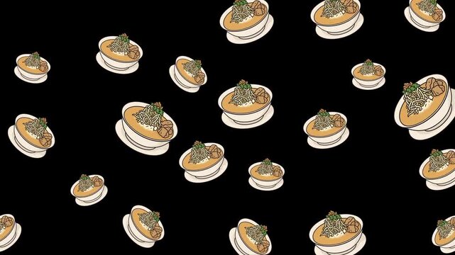 Pattern of multiple sushi rolls on a black background with a repeating design.