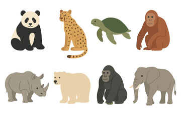 Endangered animals and wildlife icon set. Flat color illustrations of species at risk
