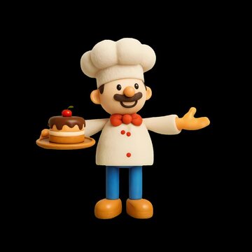 Whimsical chef figurine holding cake animation isolated asset, transparent 4K video, alpha channel, ProRes 4444