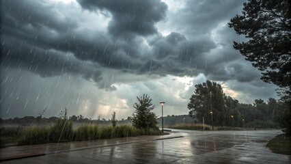 Rainy cloudy weather with dark gray clouds, falling rain, and wet reflective ground, realistic stormy sky scene, atmospheric outdoor environment, cinematic lighting, sharp focus