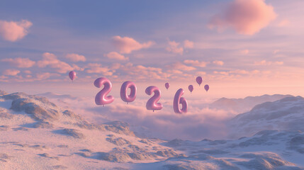 Giant balloons forming the New Year number 2026 float over a snowy mountain landscape at sunrise