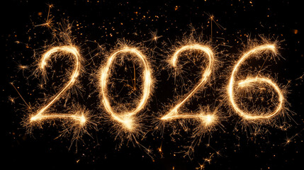 Close-up of the New Year "2026" made with lit sparklers, sparkling particles floating around on a black background