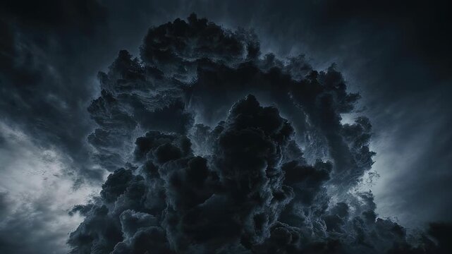 Dramatic photograph depicts a towering storm cloud formation against a dark, moody, overcast sky
