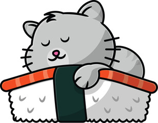 Cute Sleeping Cat Mascot Lying on Salmon Nigiri Sushi


