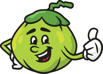 Vector Illustration of a Happy Tropical Cute Coconut Character with Thumbs Up Gesture