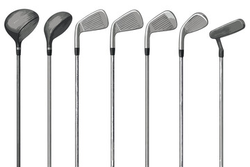 Golf club types vector illustration set. Realistic collection of driver, wood, iron, and putter sport equipment.