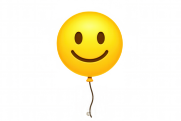 Smiling yellow emoji balloon showing happiness and positive emotion on transparent background, celebrating party fun