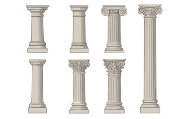 Obraz premium Ancient greek and roman columns vector illustration set. Hand drawn collection of doric, ionic, and corinthian pillars.