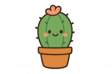 Kawaii smiling potted cactus vector illustration with cute face and flower for happy plant design