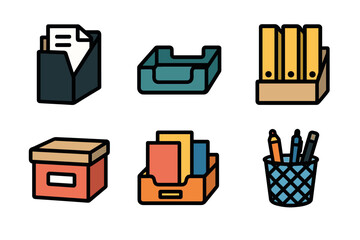Office desk organizers and file storage vector icon set. Collection of stationery holders, trays, and boxes.