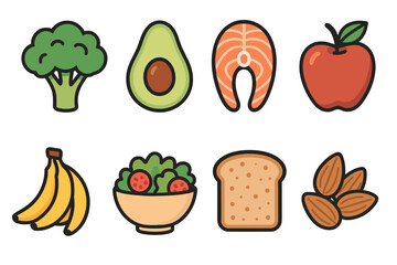 Healthy food and balanced diet vector icon set. Collection of nutritious products like fruit, vegetables, and fish.