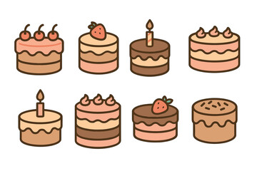 Cute birthday cakes cartoon vector icon set. Collection of decorated layer cakes for celebration.