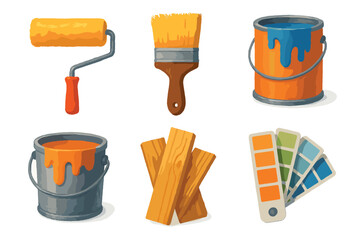 Painting and home renovation tools vector illustration set. Realistic collection of paint, brush, and roller.